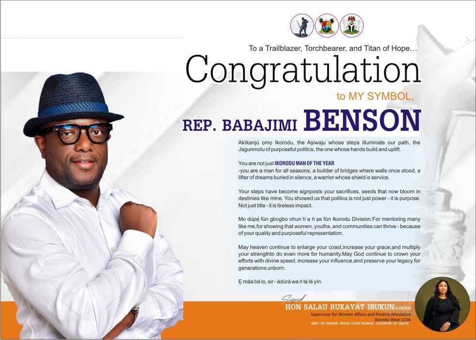 Hon. Salau Rukayat (Ajibike) Congratulates her symbol Rep. Babajimi Benson on Ikorodu Man of the Year Award&nbsp;~Ajasa-Info